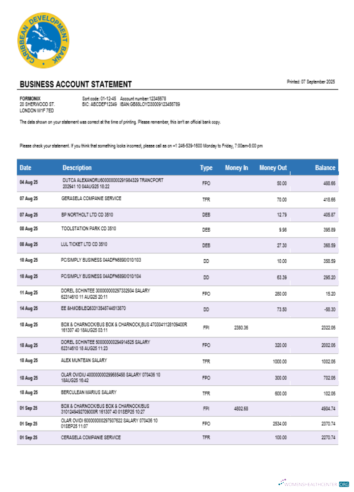 Download Caribbean Development bank firm account statement Word and PDF template Photoshop template